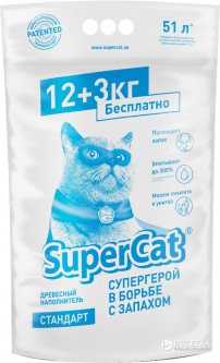 Наполнитель для кошачьего туалета SuperCat СТАНДАРТ Древесный впитывающий 12+3 кг (26 л) (4820152564399)